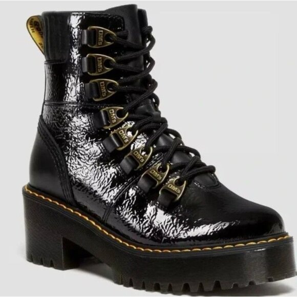 DR. MARTENS Laurenne Black Distressed Patent Leather Lace Up Boots EU 37 US 6 - Picture 1 of 7